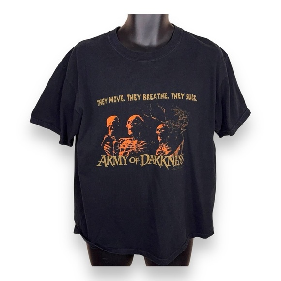 RARE LARGE ARMY OF DARKNESS TEE MENS SHORT SLEEVE BLACK COTTON ORANGE GRAPHIC - Picture 1 of 11